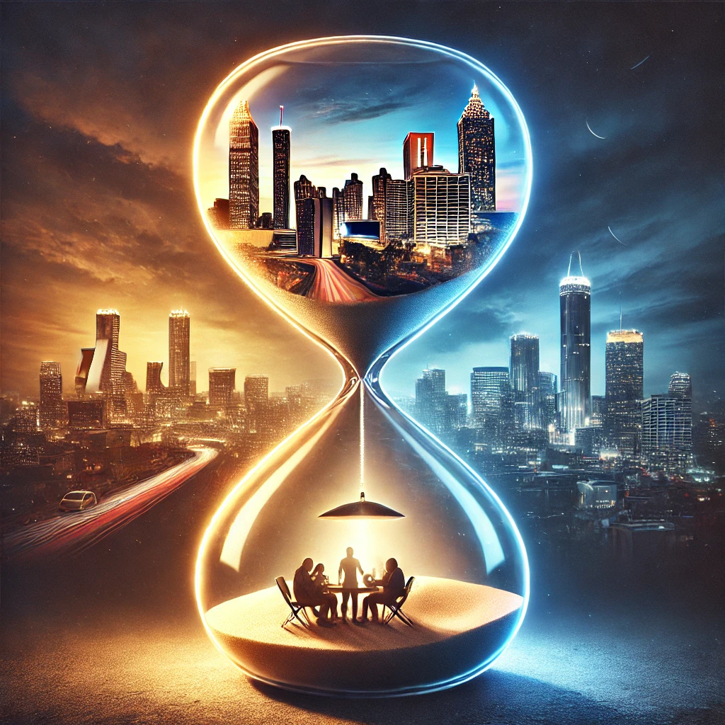 An artistic image of a timeless hourglass, with the top half depicting a glamorous cityscape at night, illuminated by bright lights to symbolize the glitz and glamour of 1990s Atlanta. The bottom half transitions to a serene family gathering scene under warm, golden light, representing the peaceful future in 2045. The hourglass conveys the passage of time, balancing contrasts between fame and family, ambition and love, and legacy building